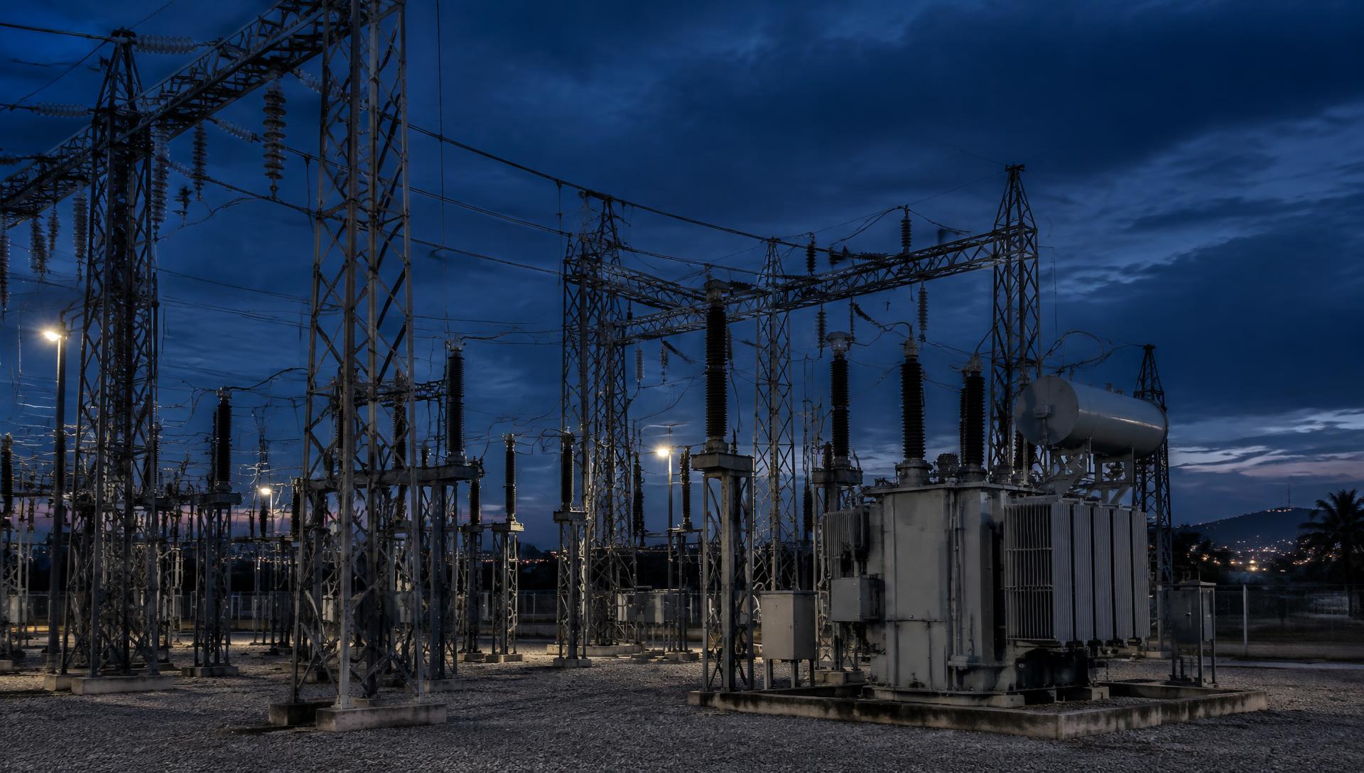 High-voltage electrical substation with transmission towers at dusk